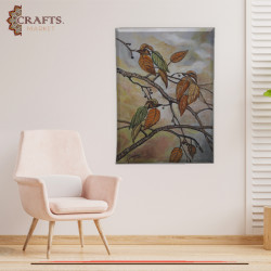 لوحة جدارية رسم يدوي بألوان الأكريليك بتصميم عصافير اوراق الشجر