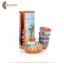 Handmade Multi-Color Arabic Coffee Clay Cups Set with a stand  with a "village" design 8 Pcs 