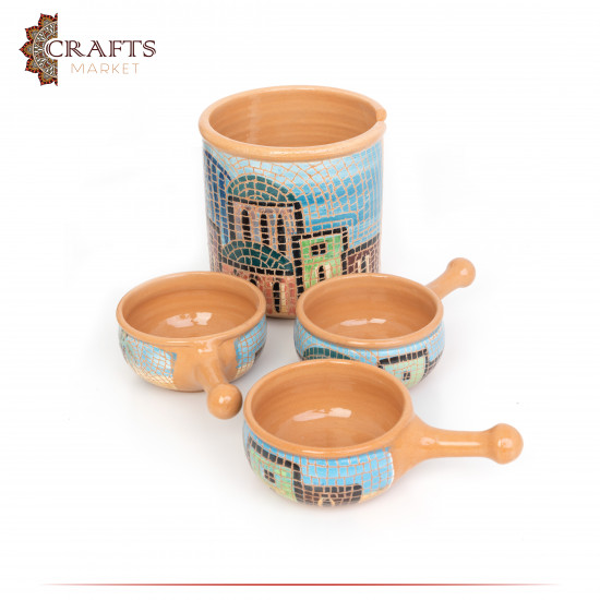 Handmade Multi-Color Clay Plate Set with a stand  with a village design 4 Pcs 