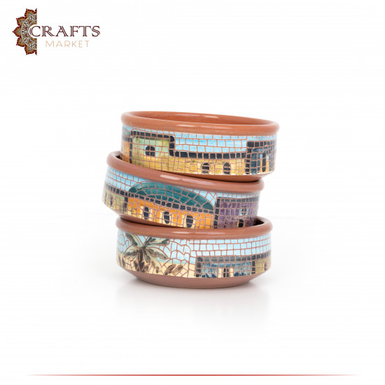 Handmade Multi-Color Clay Plate Set  with a village design 3 Pcs 