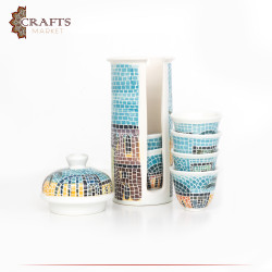Handmade Multi-Color Arabic Coffee Clay Cups Set with a stand  with a village design 8 Pcs 