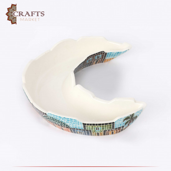 Handmade Multi-Color Serving Plate with a Crescent shape Adorned with Village Design