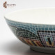 It is a round plate with white and turquoise colours
