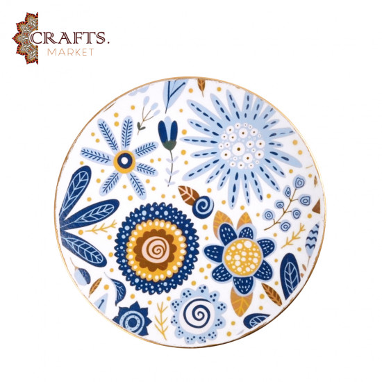 صحن زجاجي مرسوم باليد بتصميم فن الديكوباج  ورود زرقاء