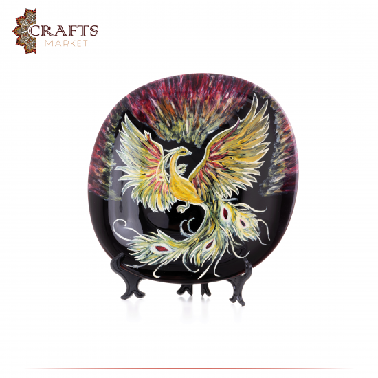Handmade Black Porcelain Plate  Phoenix Bird  Design Table Decor 