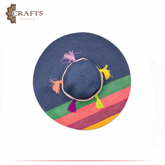 قبعة نسائية من القش مصنعة يدويا لون كحلي  بتصميم قوس قزح