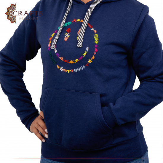 Handmade Navy Cotton Women Hoodie in the "Smiley Face" design 