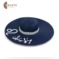 Handmade navy blue Beach Straw Sun Hat with a "Leo" design
