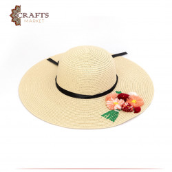 Handmade beige Beach Straw Sun Hat with a Roses design