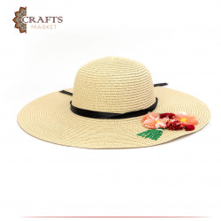 Handmade beige Beach Straw Sun Hat with a Roses design