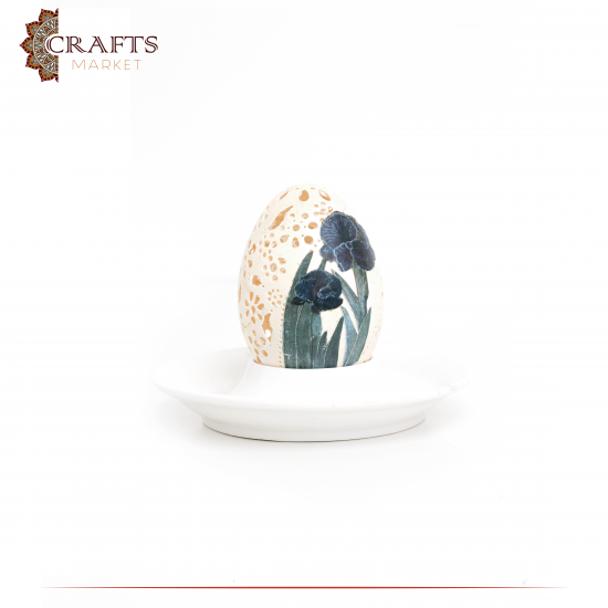 Hand-Carved Table Decor on a Goose Egg  with a fish and black iris design.