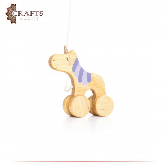 Handcrafted Brown Wooden Pull Toy  Unicorn  Design 