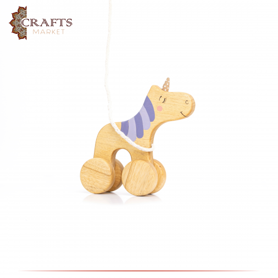 Handcrafted Brown Wooden Pull Toy  Unicorn  Design 