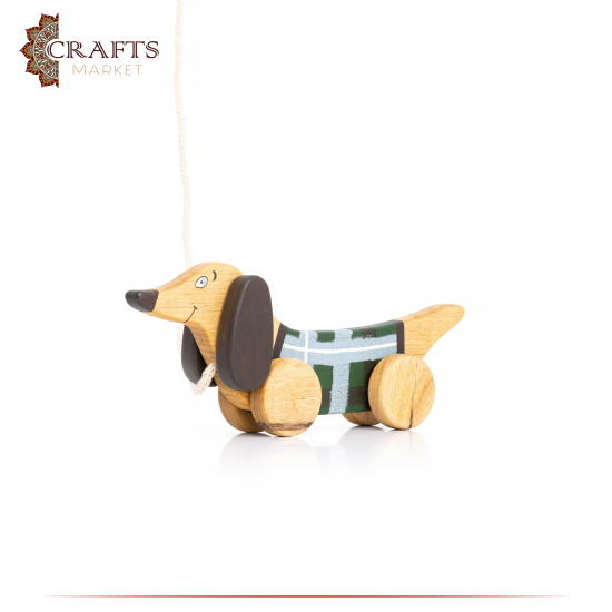 Handcrafted Brown Wooden Pull Toy  Green Dachshund  Design 
