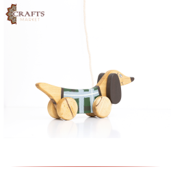 Handcrafted Brown Wooden Pull Toy " Green Dachshund " Design 