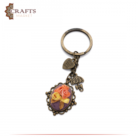 Handmade Bronze Tone Base Metal Key Chain  in a Flowers Embroider Design 