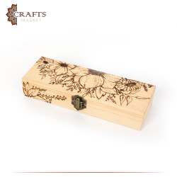Pyrography Art Handmade Beige Wood Box with a "Flowers" Decoration