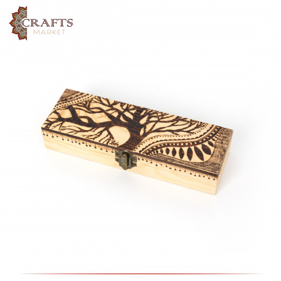 Pyrography Art Handmade Beige Wood Box Decorated with a Tree of Life drawing and ornaments