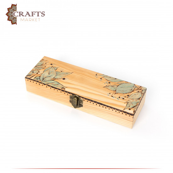 Pyrography Art Handmade Beige Wood Box Decorated with a Floral  Decoration
