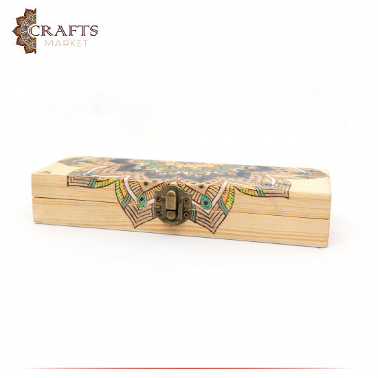 Pyrography Art Handmade Beige Wood Box Decorated with a Mandala Decoration