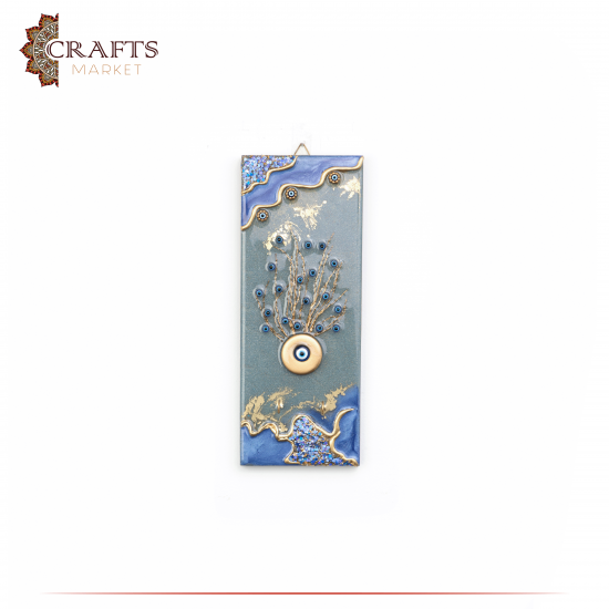 علاقة مفاتيح خشبية مغطاه  بالراتنج مصنوعة يدويًا متعددة الألوان بتصميم العين الزرقاء