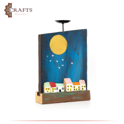 Handmade Multi Color Wooden Candle Holder in a  Sun Shining Over city Sky Design 