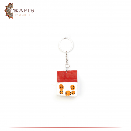Handmade Multi Color Wooden Key Chain with Red Brick House Design