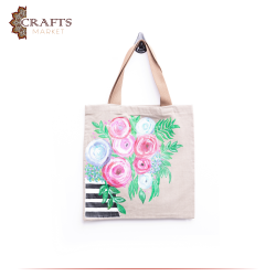 Handmade Khaki  Fabric Women's Tote Bag Flower and White and Black layout design