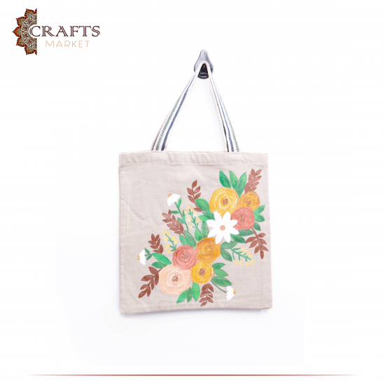 حقيبة نسائية من القماش لون كاكي مصنوعة يدويا بتصميم زهور
