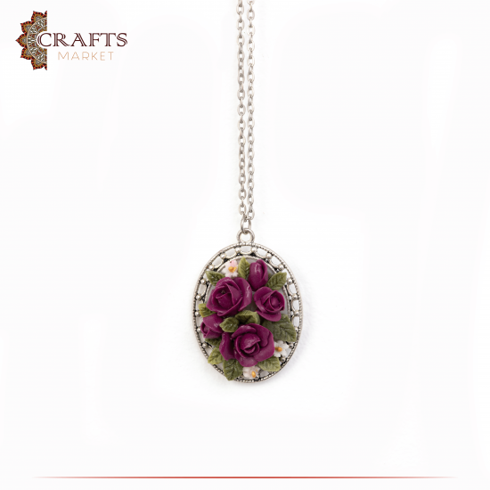 Handmade Silver Tone Women's Necklace adorned with Raspberry Flowers 