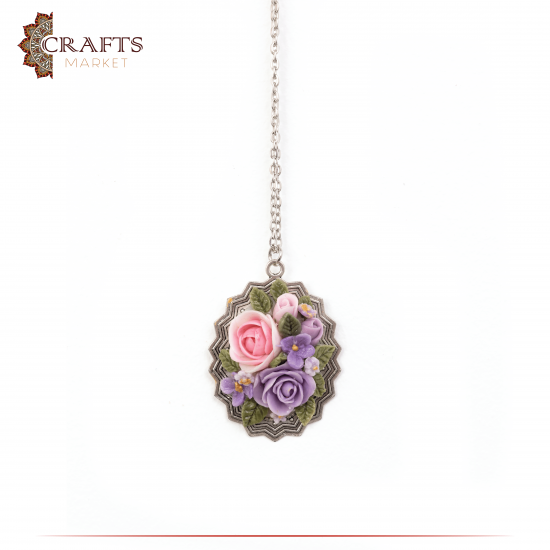 Handmade Silver Tone Women's Necklace adorned with Duo-Color Flowers 