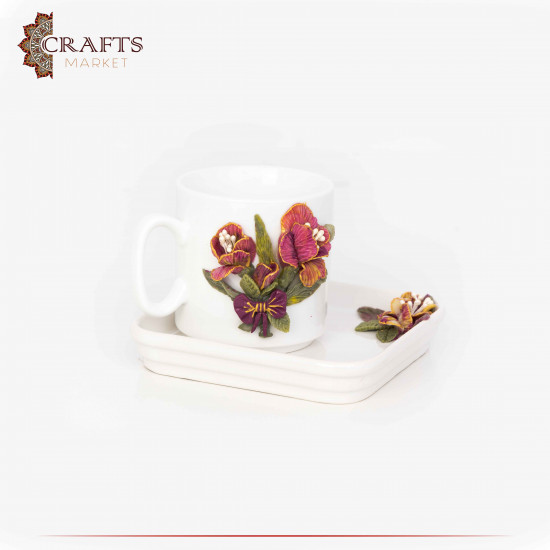 Hand-decorated Porcelain Coffee Cup Set adorned with ceramic paste in a Flowers Design, 2PCs