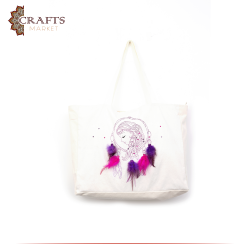 Handmade Beige Fabric Women's Tote Bag with  Lady in Dream Catcher  design