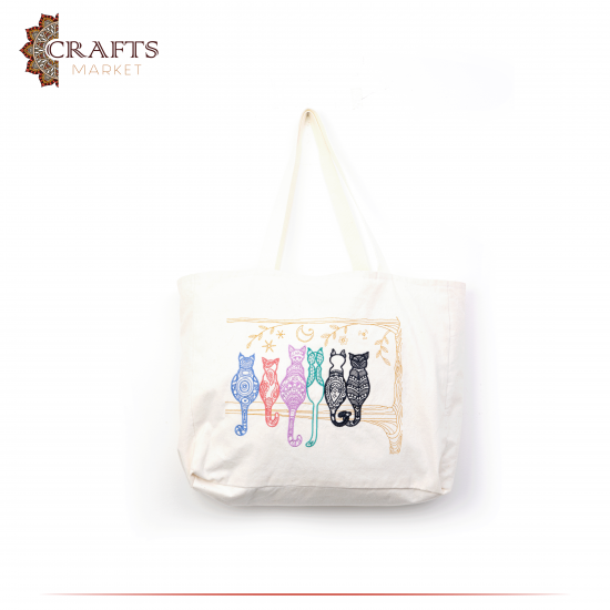 Handmade Beige Fabric Women's Tote Bag with  Cats on the branch  design
