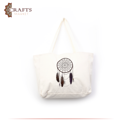 Handmade Beige Fabric Women's Tote Bag  with " Dream Catcher " design