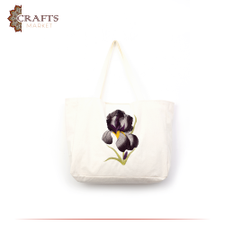 Handmade Beige Fabric Women's Tote Bag  with  Black Iris design