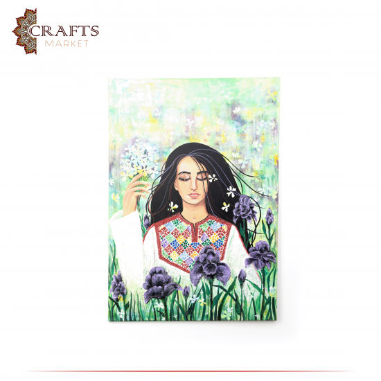 لوحة جدارية مرسومة باليد بتصميم  فتاة فلسطينية مع زهرة السوسنة الأردنية 