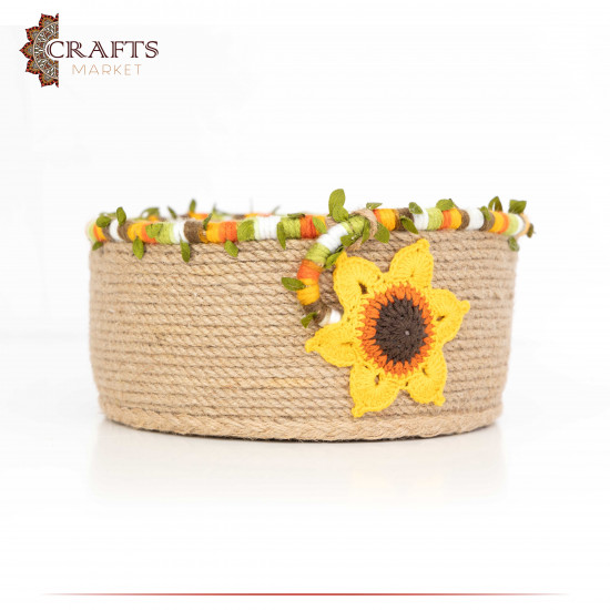 Handcrafted Multi-Color Round Burlap Basket with a sunflower Design