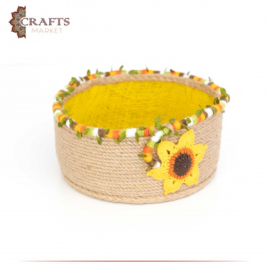 Handcrafted Multi-Color Round Burlap Basket with a sunflower Design