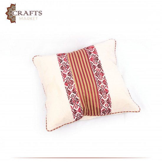 Handmade Off-White Fabric Pillow Cover with "peasant embroidery" design