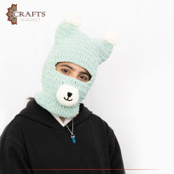 Hand-embroidered Duo-Color Velvet Wool Hat with a Bear Mask Design