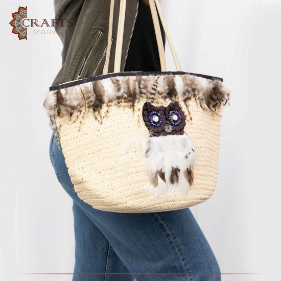 Handmade Straw Women's Bag & Hat Set with an Owl Design Handmade Straw Women's Bag & Hat Set with an Owl Design