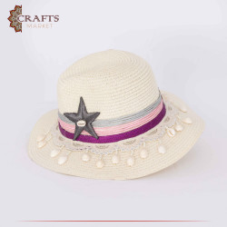 قبعة نسائية من القش باللون الأبيض مصنوعة يدويًا بتصميم نجمة البحر