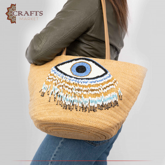 Handmade Straw Women's Bag with an Eye Design in Tan Color