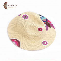 قبعة من القش مصنوعة يدوياً لون بيج بتصميم زهور وعيون