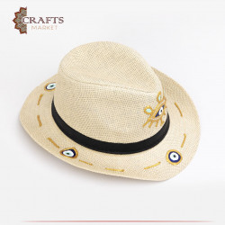 Handmade Beige and gold straw hat with an eye design