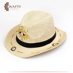Handmade Beige and gold straw hat with an eye design