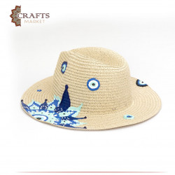 Handmade Beige straw hat with blue eyes design