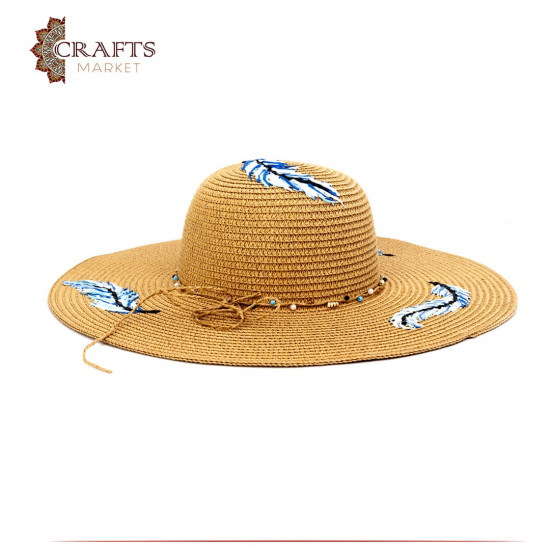Handmade Beige straw hat with feather design