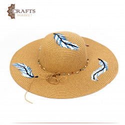 Handmade Beige straw hat with feather design